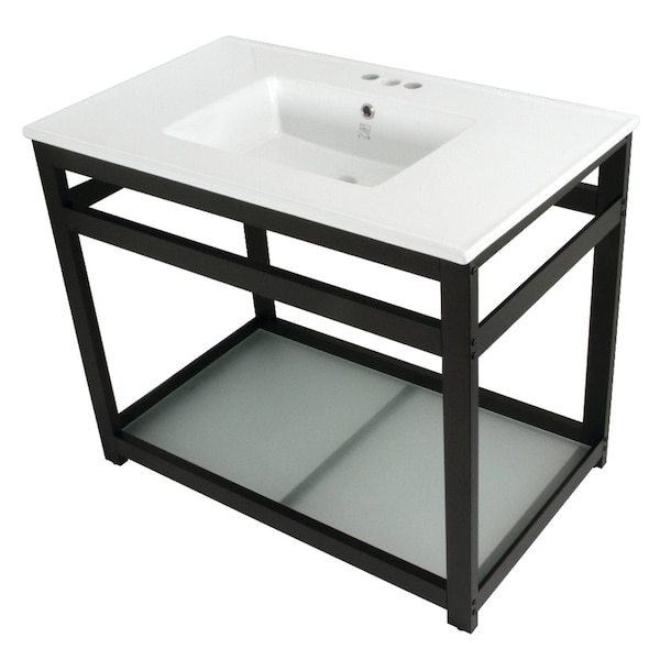 Kingston Brass 37Inch Ceramic Console Sink 4Inch, 3Hole, WhiteMatte Black VWP3722W4B0 - main